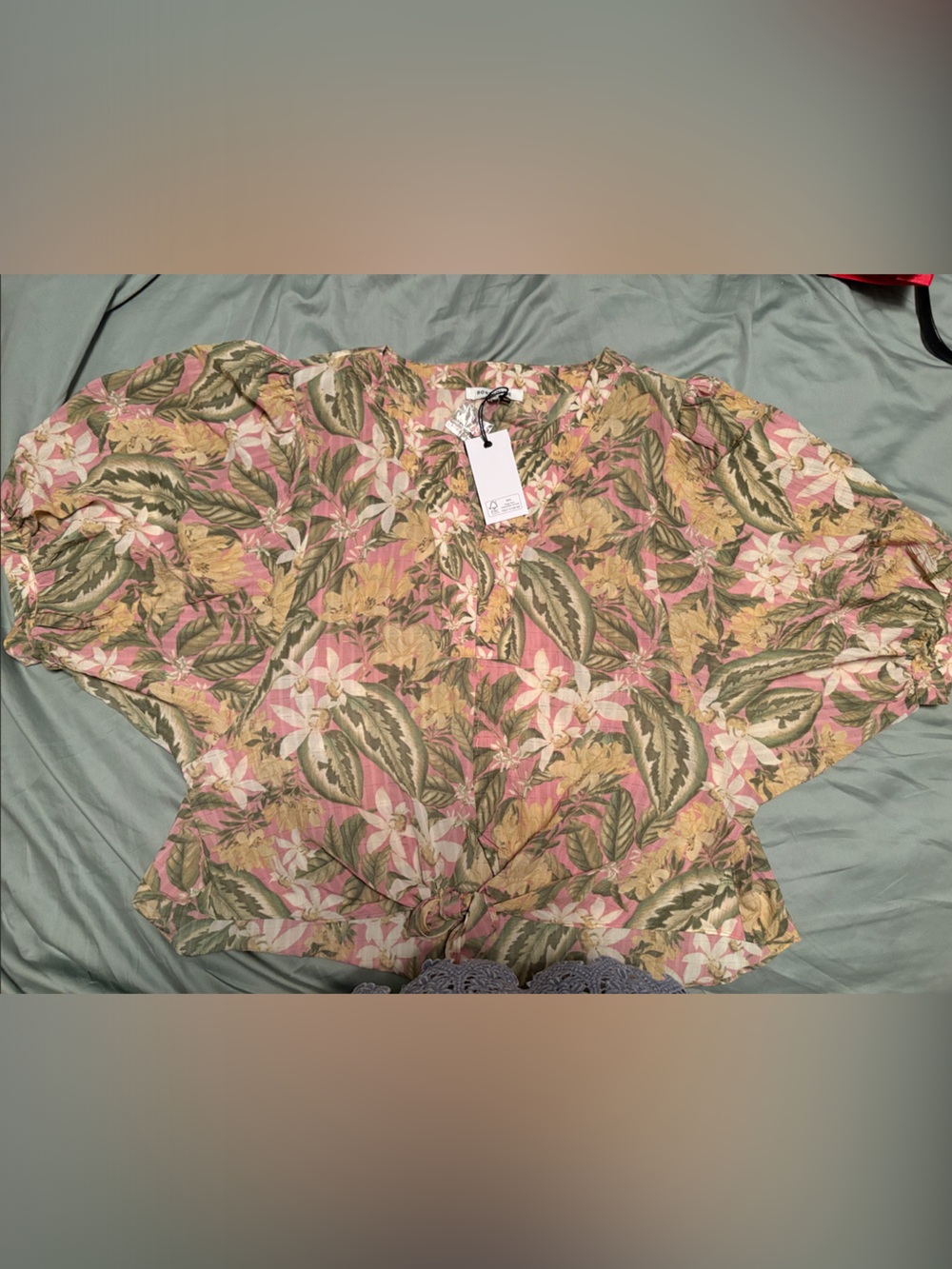 Rose & Olive Floral Puff-Sleeve Blouse in Pink and Green